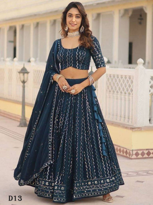 Adorable Navy Blue Sequins Georgette Sangeet Wear Lehenga Choli