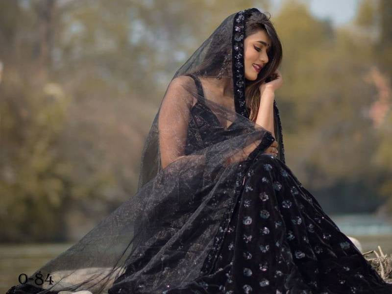 Black Viscose Velvet Lehenga Choli With Dupatta