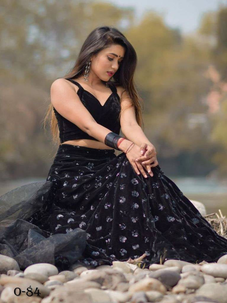 Black Viscose Velvet Lehenga Choli With Dupatta