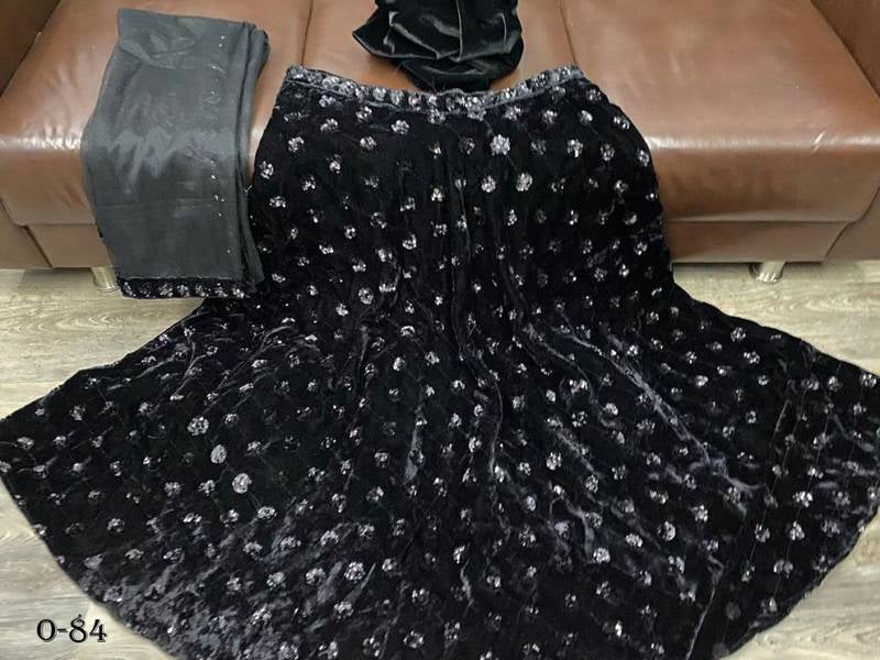 Black Viscose Velvet Lehenga Choli With Dupatta