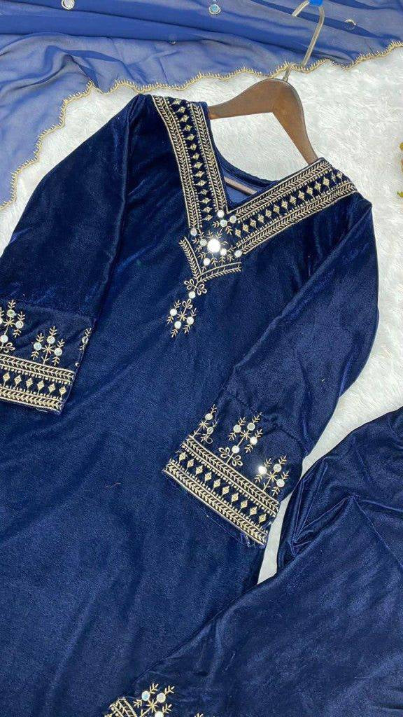 Bollywood Glamour Velvet Suit Set With Real Mirror Work