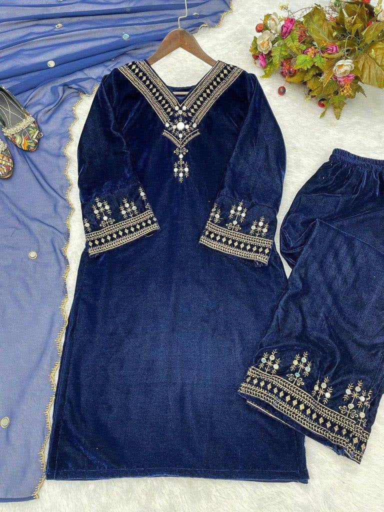 Bollywood Glamour Velvet Suit Set With Real Mirror Work