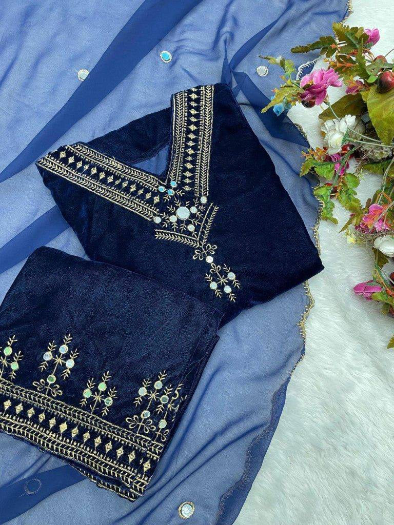 Bollywood Glamour Velvet Suit Set With Real Mirror Work