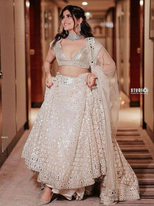 Gorgeous White Georgette Thread And Mirror Work Lehenga Choli