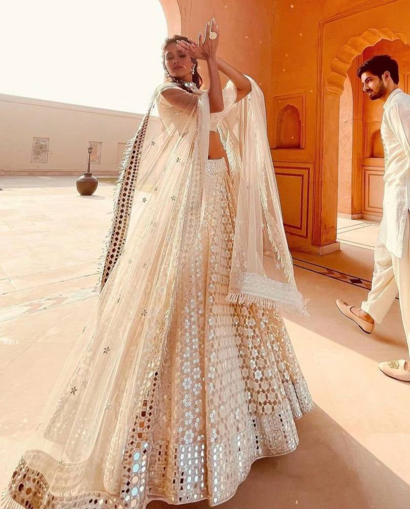 Gorgeous White Georgette Thread And Mirror Work Lehenga Choli