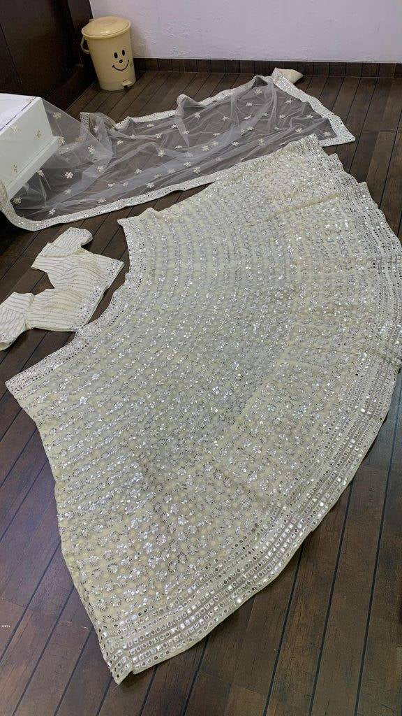 Gorgeous White Georgette Thread And Mirror Work Lehenga Choli