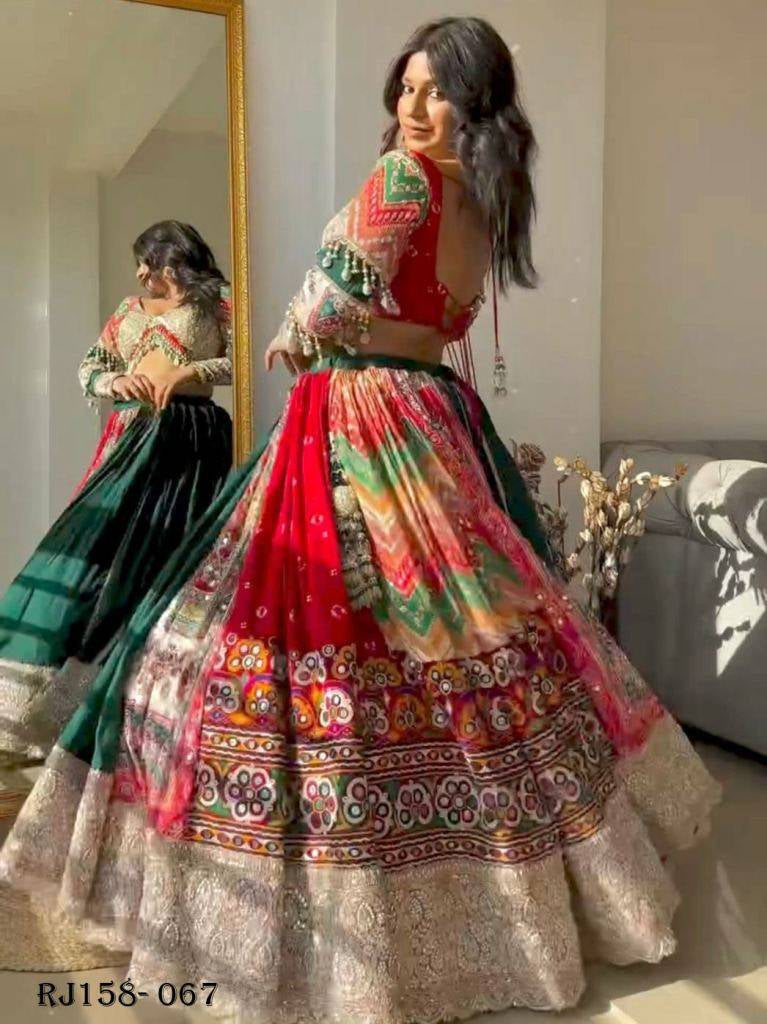 Green Red Color Cotton Digital Printed Mirror Work 4 Mtr Flair Navratri Lehenga Set