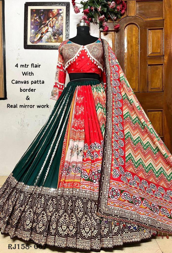 Green Red Color Cotton Digital Printed Mirror Work 4 Mtr Flair Navratri Lehenga Set