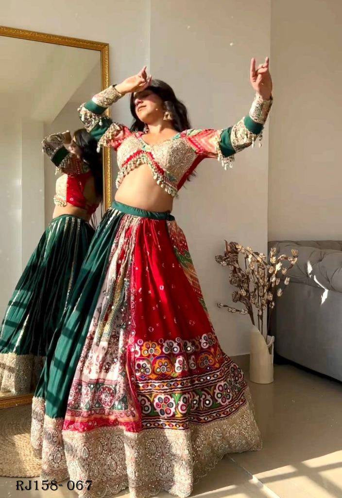 Green Red Color Cotton Digital Printed Mirror Work 4 Mtr Flair Navratri Lehenga Set