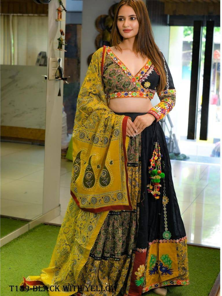 Indian Wear Black With Yellow Pure Muslin Cotton Lehenga Choli