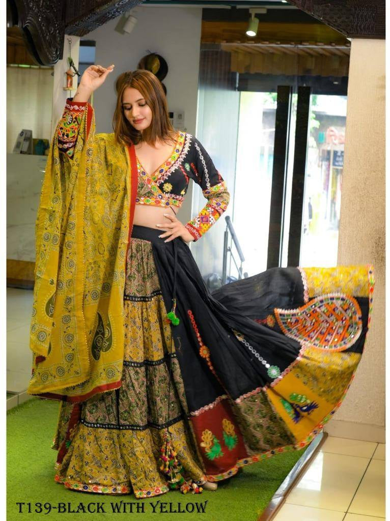 Indian Wear Black With Yellow Pure Muslin Cotton Lehenga Choli