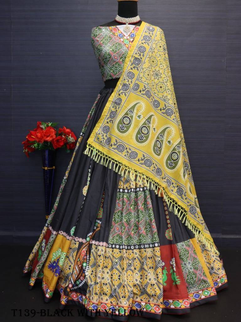 Indian Wear Black With Yellow Pure Muslin Cotton Lehenga Choli