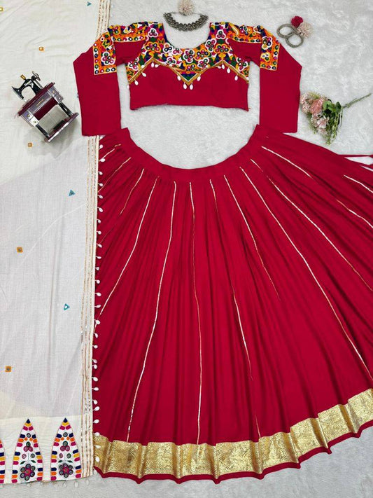 Navratri Style Rayon Silk With Kodi Lace Red Lehenga Choli Dupatta