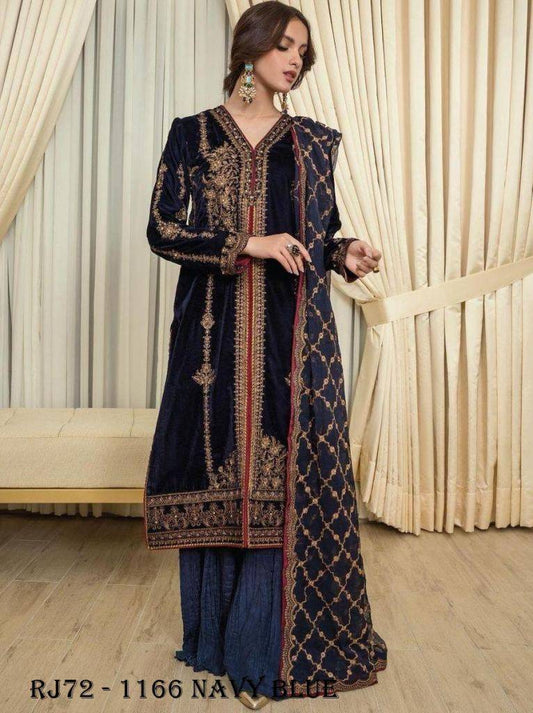 Navy Blue Color Heavy Velvet Beautiful Embroidery Work Kurti Palazzo Dupatta Set