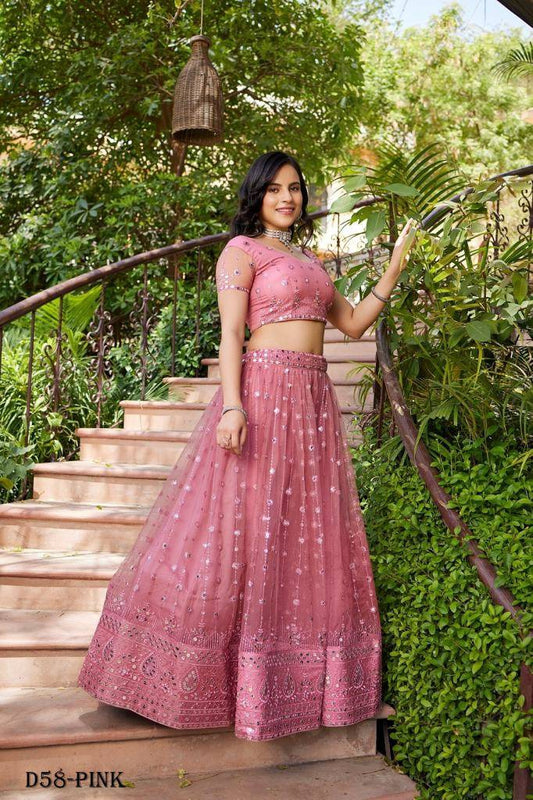 Elegant Pink Sequin Embroidered Net Lehenga Choli